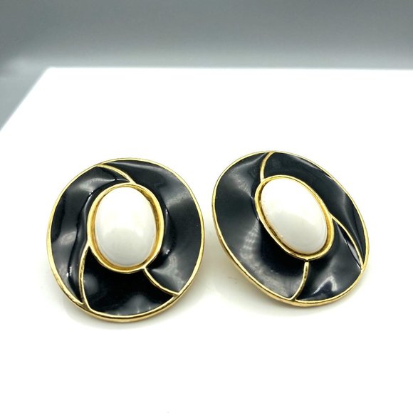 Basic Chic Earrings, Black Enamel and Gold Tone Studs with White Cabochon Center - Picture 2 of 6